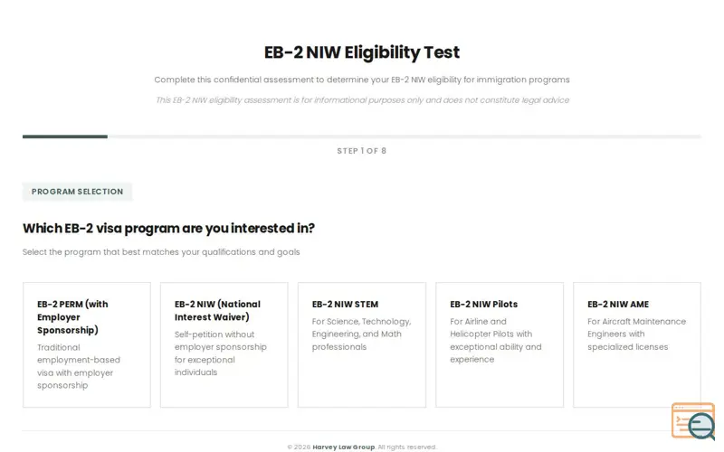 Screenshot of EB2 NIW Eligibilty checker