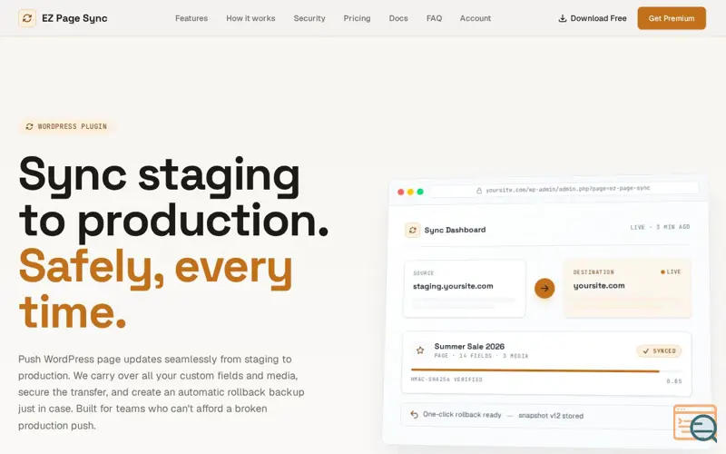 Screenshot of EZ Page Sync: Staging → Production Sync