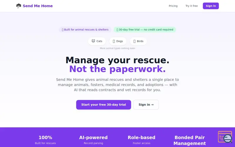 Screenshot of Send Me Home — Animal Rescue Management