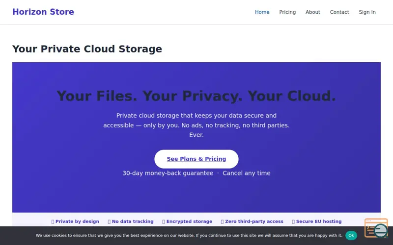 Screenshot of Horizon Store, a launch using Cookie Notice