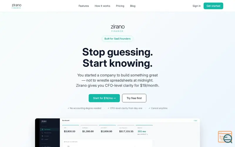 Screenshot of Zirano — Your CFO, from $19 a month.