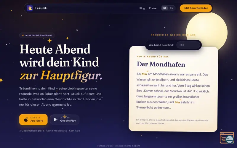 Screenshot of Träumli: Bedtime Stories, a launch using GSAP