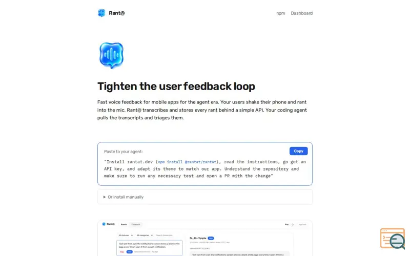 Screenshot of Rant@ — Tighten the user feedback loop