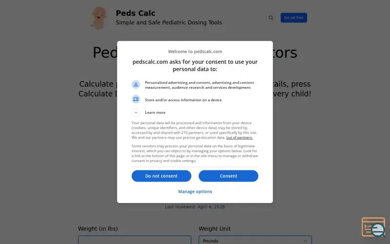 Screenshot of PedsCalc