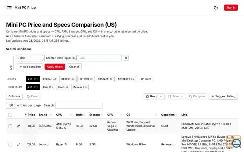 Screenshot of Mini PC Price - Mini Computer Price and Specs Comparison, a launch using Code.Market