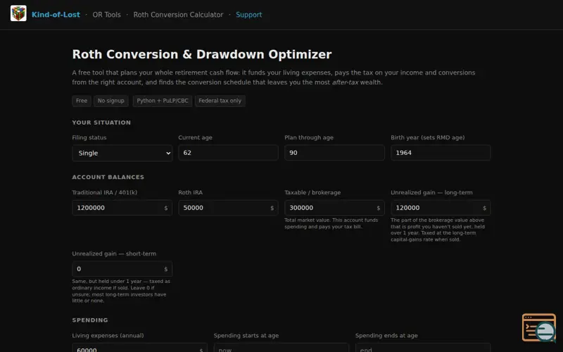 Screenshot of Roth Conversion Calculator