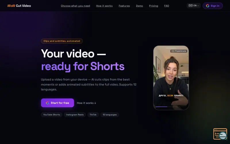 Screenshot of WoW Cut Video — AI clip cutting for Shorts, Reels, TikTok