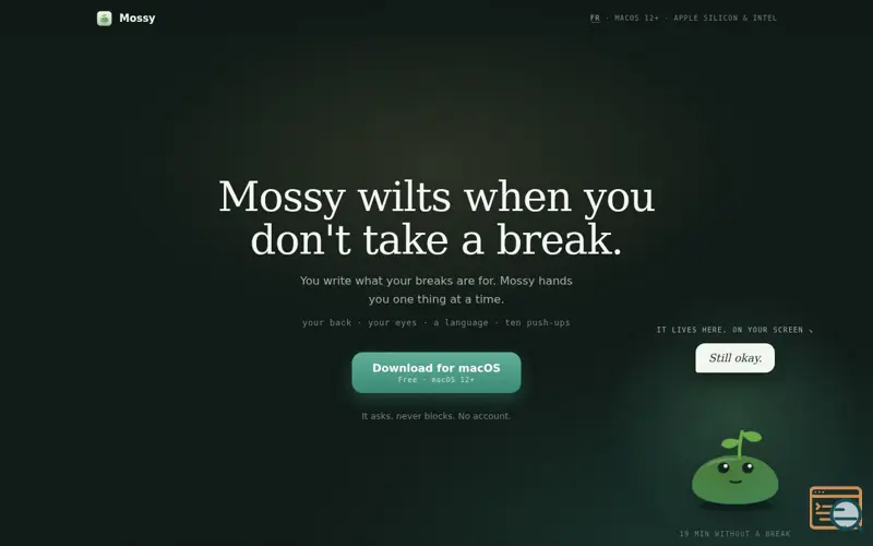 Screenshot of Mossy — a little plant that wilts when you don't take a break