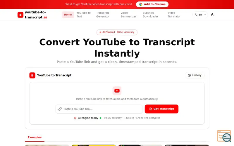 Screenshot of YouTube to Transcript with AI — Free Converter & AI Summary, a launch using Feishu Email