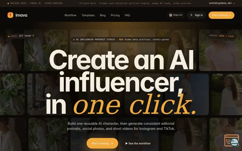 Screenshot of AI Influencer Generator & AI Portrait Studio | Imava