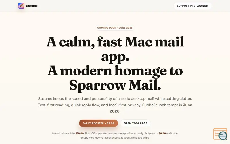 Screenshot of Suzume Mail for Mac (Prelaunch), a launch using Tinylytics