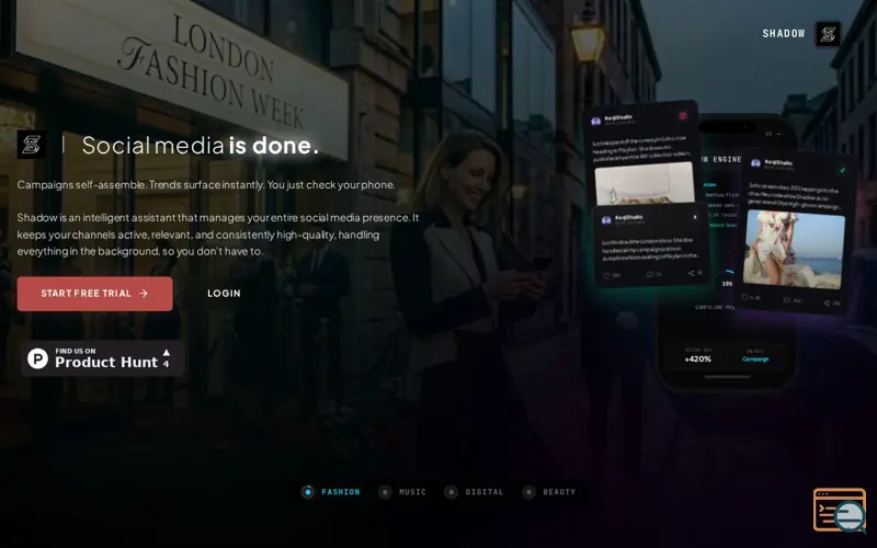 Screenshot of ShadowSocial - Social media is done., a launch using Alibaba Cloud DirectMail