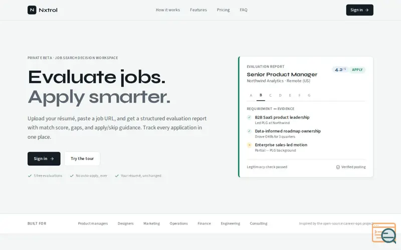 Screenshot of Nxtrol — Evaluate jobs. Apply smarter., a launch using Inbenta