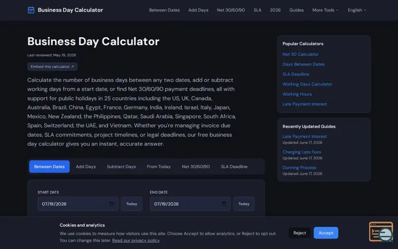 Screenshot of Business Day Calculator, a launch using Vercel DNS
