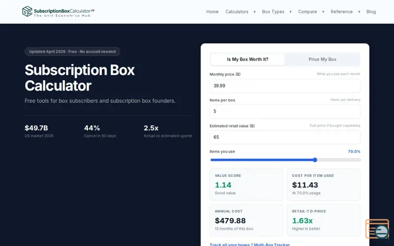 Screenshot of SubscriptionBoxCalculator.us