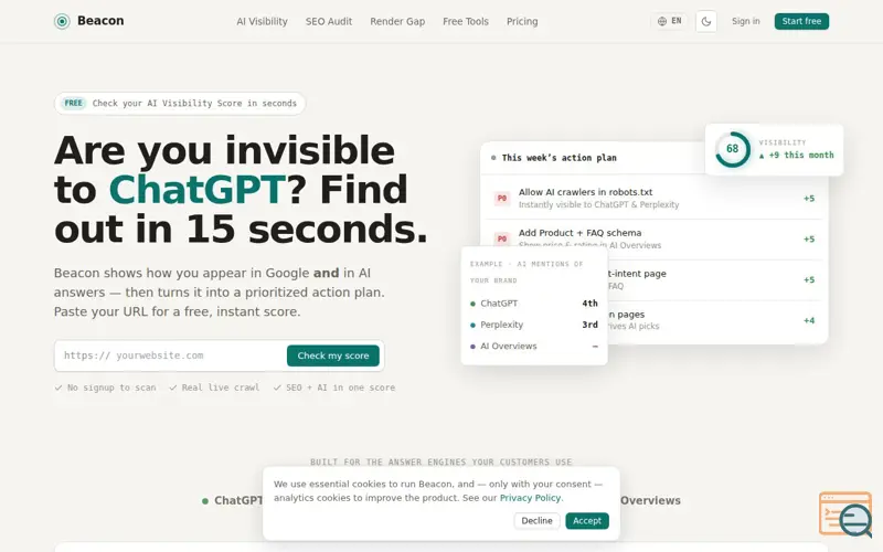 Screenshot of Beacon — Check Your AI Visibility Score | SEO + GEO Platform, a launch using AreIT DNS