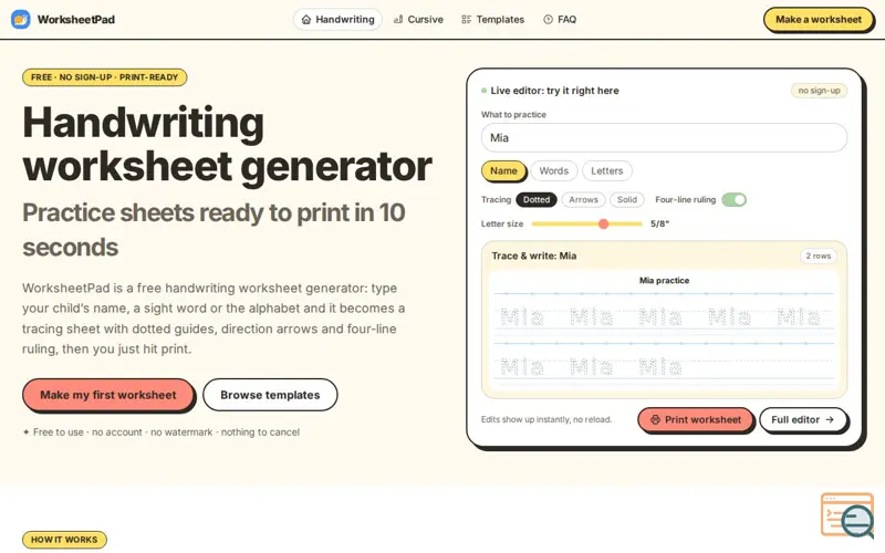 Screenshot of Free Handwriting Worksheet Generator — Printable Practice Sheets, a launch using AI Directories