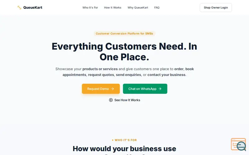 Screenshot of QueueKart – QR Ordering, Digital Catalog & Business Enquiry Platform