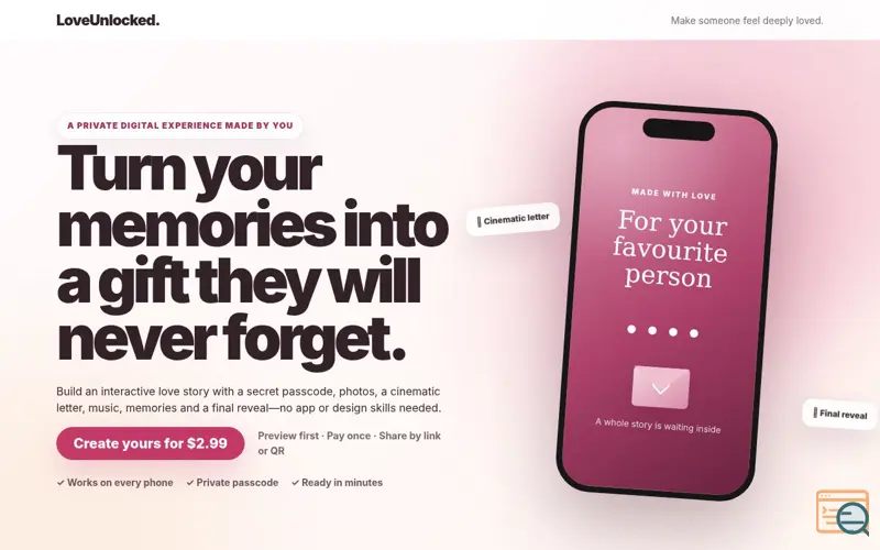Screenshot of LoveUnlocked — Interactive gift builder