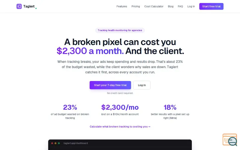 Screenshot of Taglert: Catch broken tracking before it costs you the client