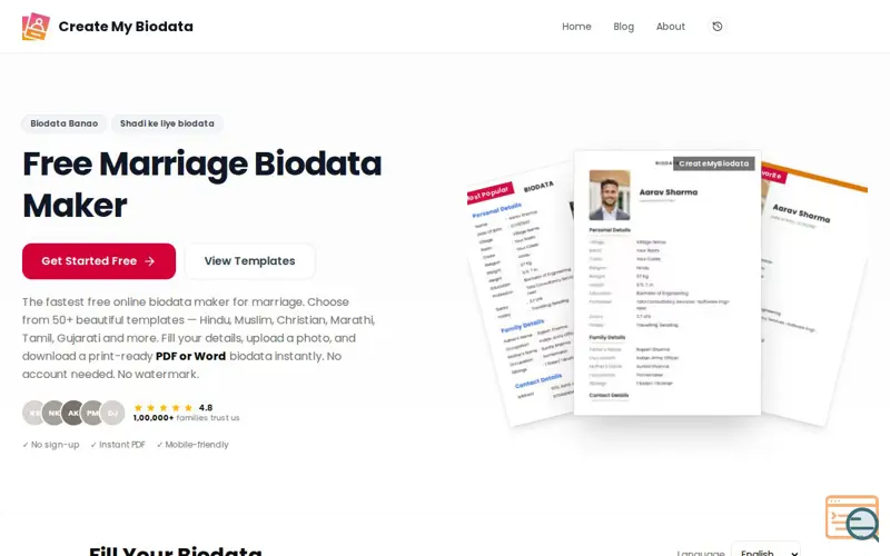 Screenshot of CreateMyBiodata, a launch using ShareChat