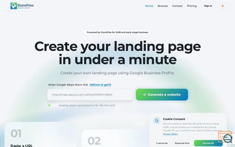 Screenshot of Storefries Listing — Generate beautiful business landing pages