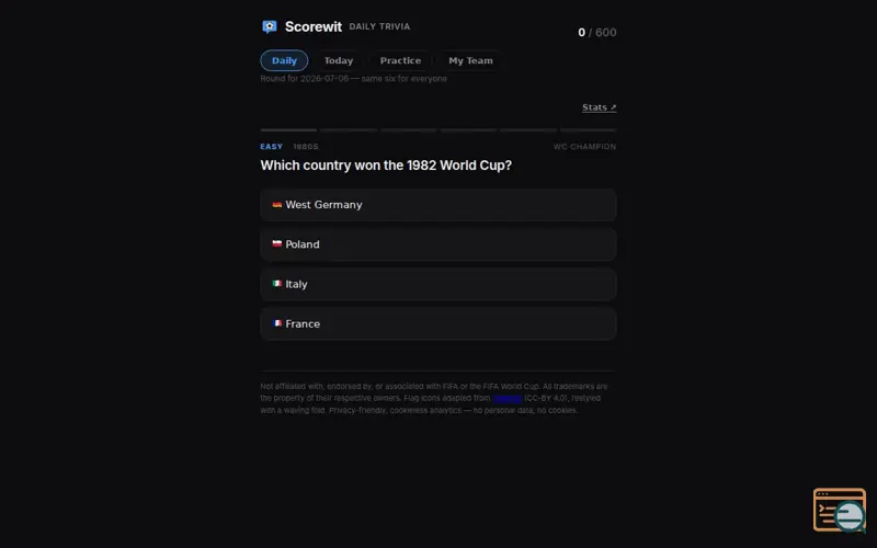 Screenshot of Scorewit — Daily World Cup Trivia
