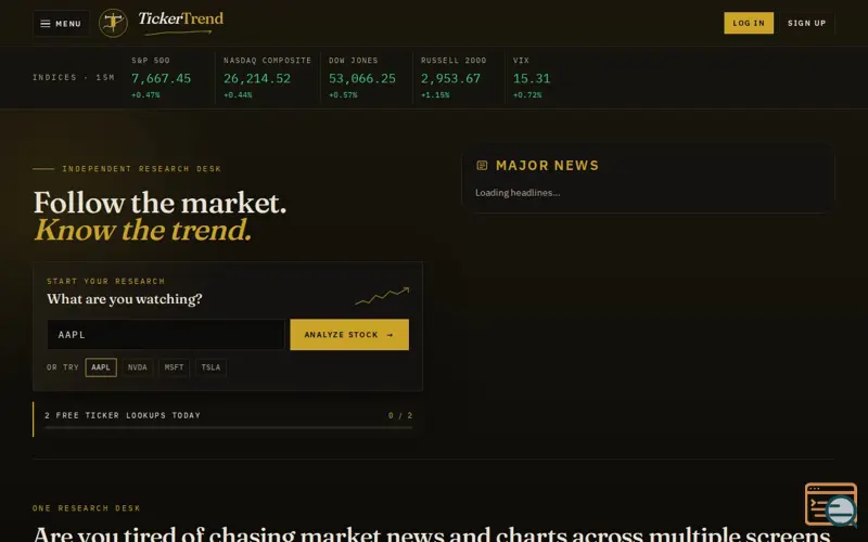 Screenshot of TickerTrend · Market desk for retail investors