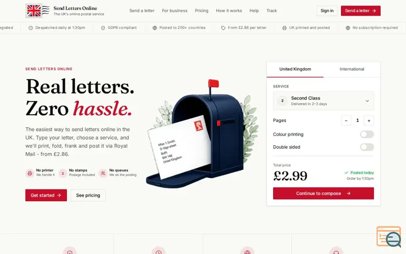 Screenshot of Send Letters Online UK