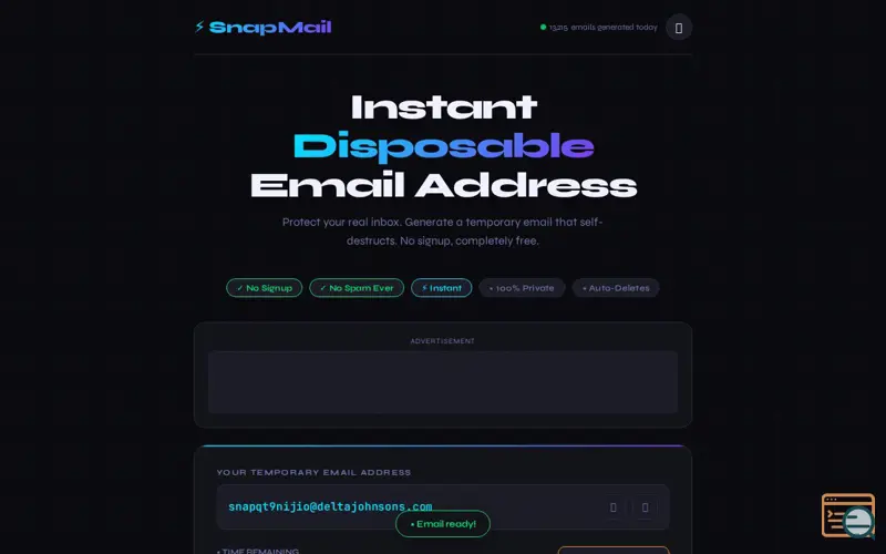 Screenshot of SnapMail-Free Temporary Email in Seconds