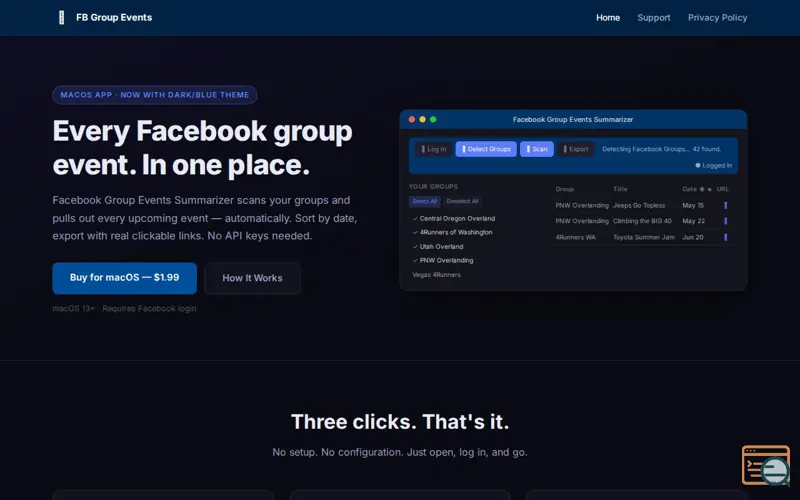 Screenshot of Facebook Group Events Summarizer