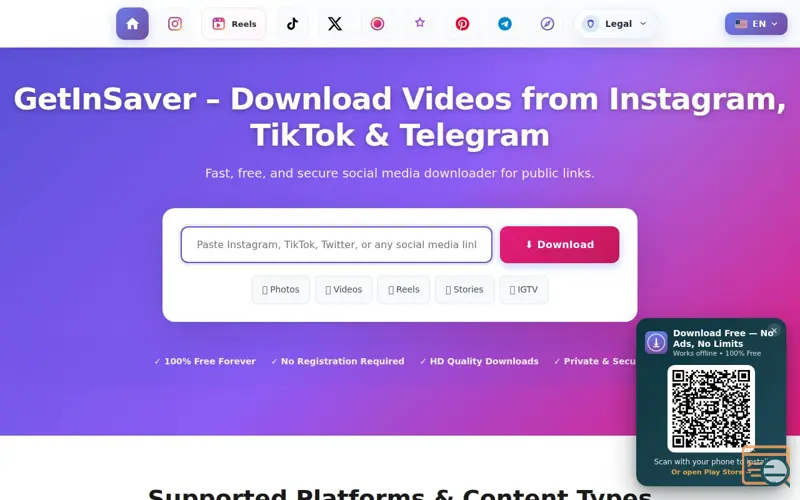Screenshot of getinsaver Instagram Downloader, a launch using Norton Safe Web