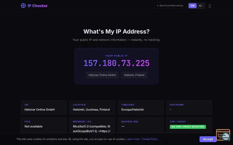 Screenshot of IPChecks — Your IP, Instantly, a launch using ARIN RDAP