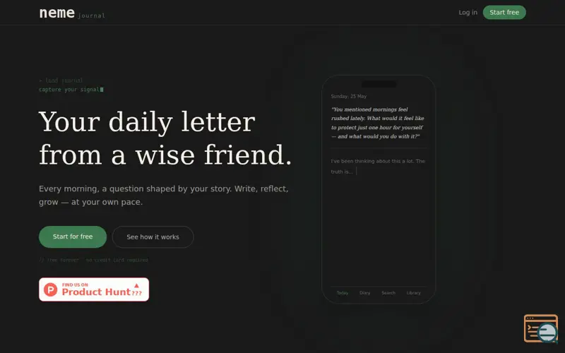 Screenshot of Neme Journal — Your  Slow daily journal, a launch using BigDataCloud