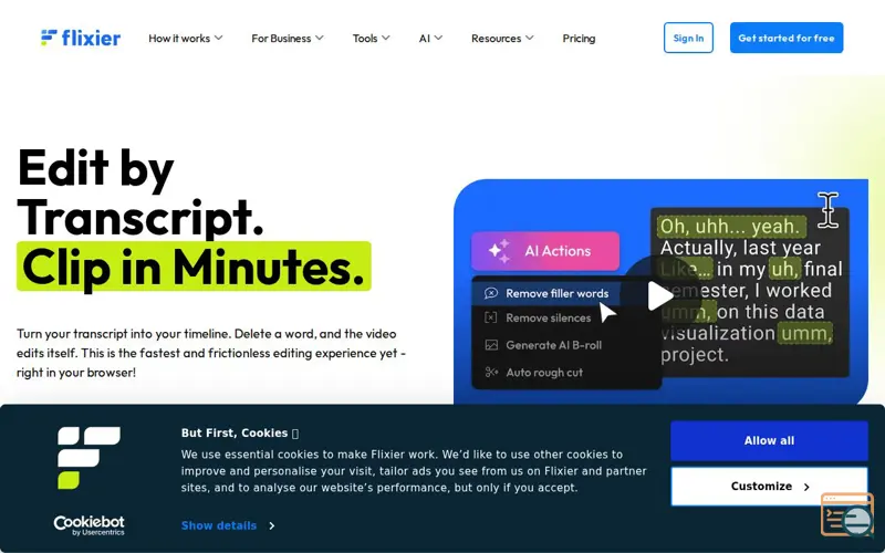 Screenshot of Flixier Edit by Transcript , a launch using FirstPromoter