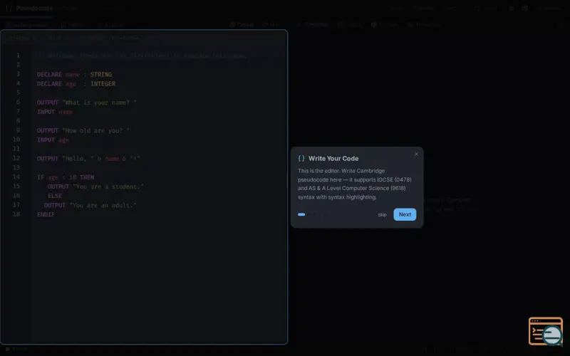 Screenshot of IGCSE & A Level Pseudocode Compiler