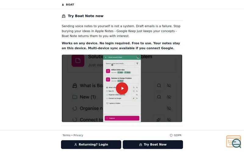 Screenshot of Boat Note