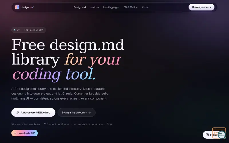Screenshot of Free DESIGN.md library + UX / UI Lexicon
