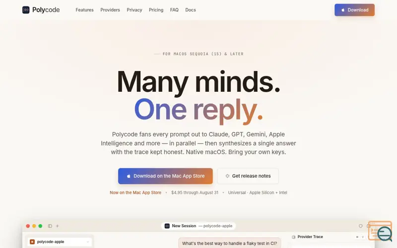 Screenshot of Polycode — Many minds. One reply.