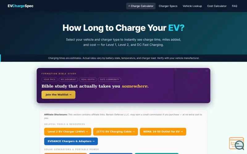 Screenshot of EVChargeSpec, a launch using Sell With Boost