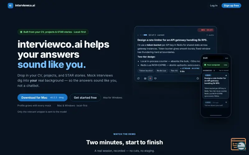 Screenshot of interviewco.ai — Real-time AI Interview Companion for Mac