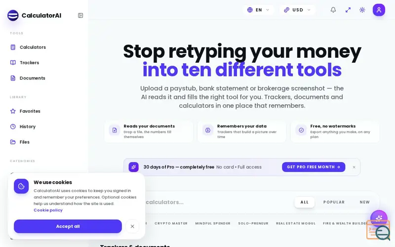 Screenshot of CalculatorAI — AI calculators, trackers & document tools