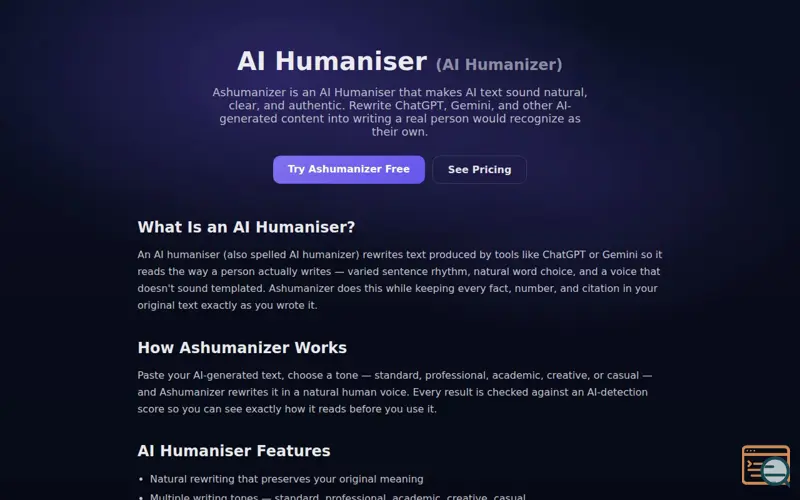 Screenshot of Ashumanizer — AI Humaniser