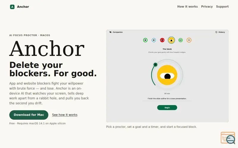 Screenshot of Anchor - Deep work, supervised by AI