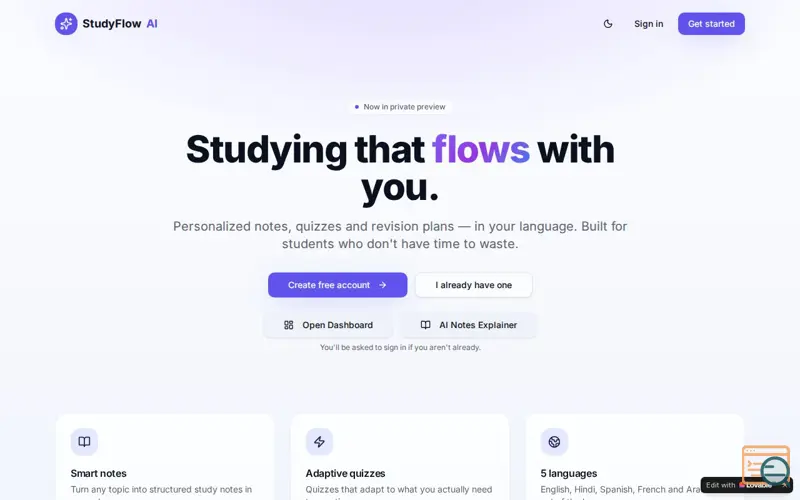 Screenshot of StudyFlow AI, a launch using Zod