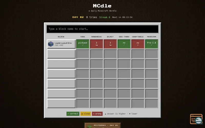 Screenshot of MCdle — Minecraft Wordle: Guess the Daily Block