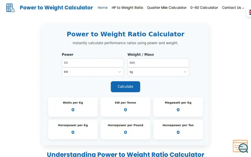 Screenshot of Power to Weight Calculator