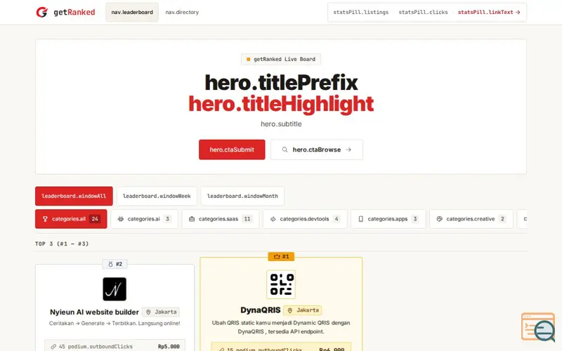 Screenshot of getRanked — Papan Peringkat Berbayar Produk Digital Indonesia