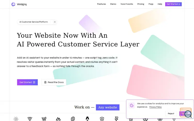 Screenshot of WidgIq – AI Customer Service Platform for Websites, a launch using Howler.js