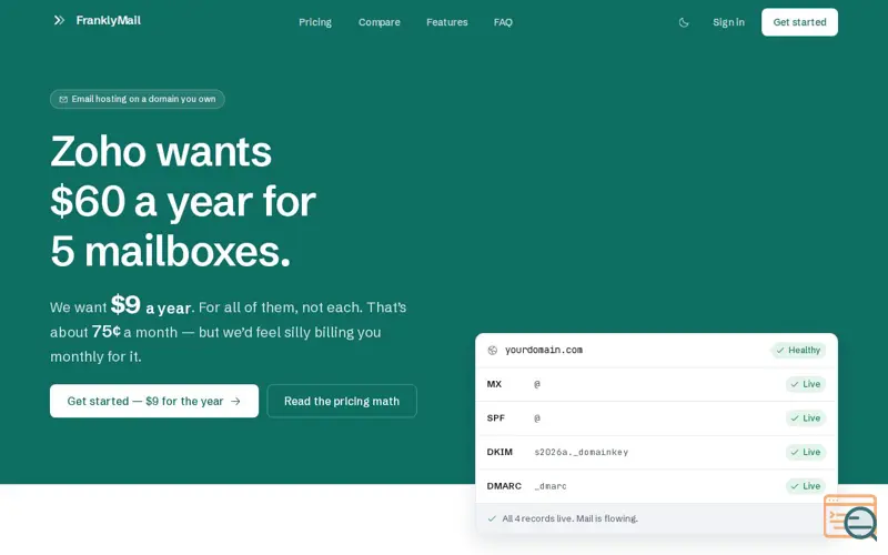 Screenshot of FranklyMail — email hosting on your own domain, $9 a year